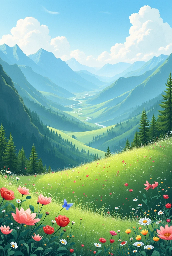 In the spring, the mountains are green and full of colorful mountain flowers, and the wind and grass are moving, with the fragrance of the mountains, like entering a exquisite world, quiet and full of vitality,Realistic style