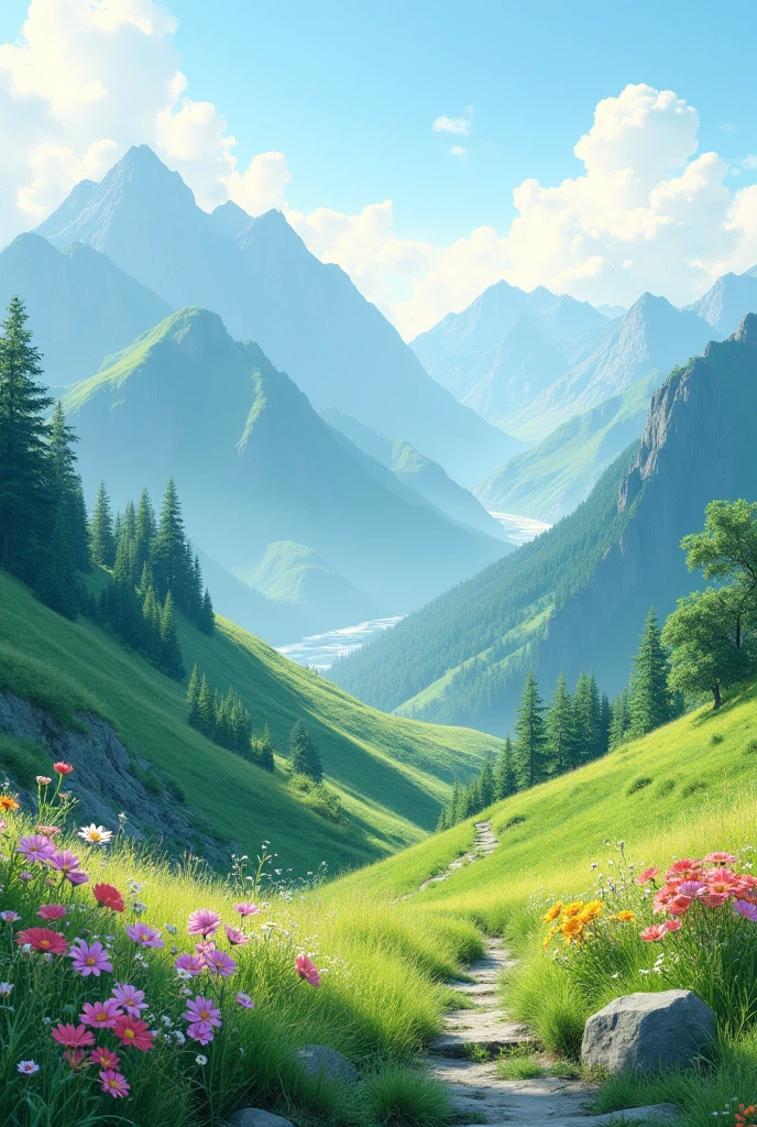 In the spring, the mountains are green and full of colorful mountain flowers, and the wind and grass are moving, with the fragrance of the mountains, like entering a exquisite world, quiet and full of vitality,Realistic style