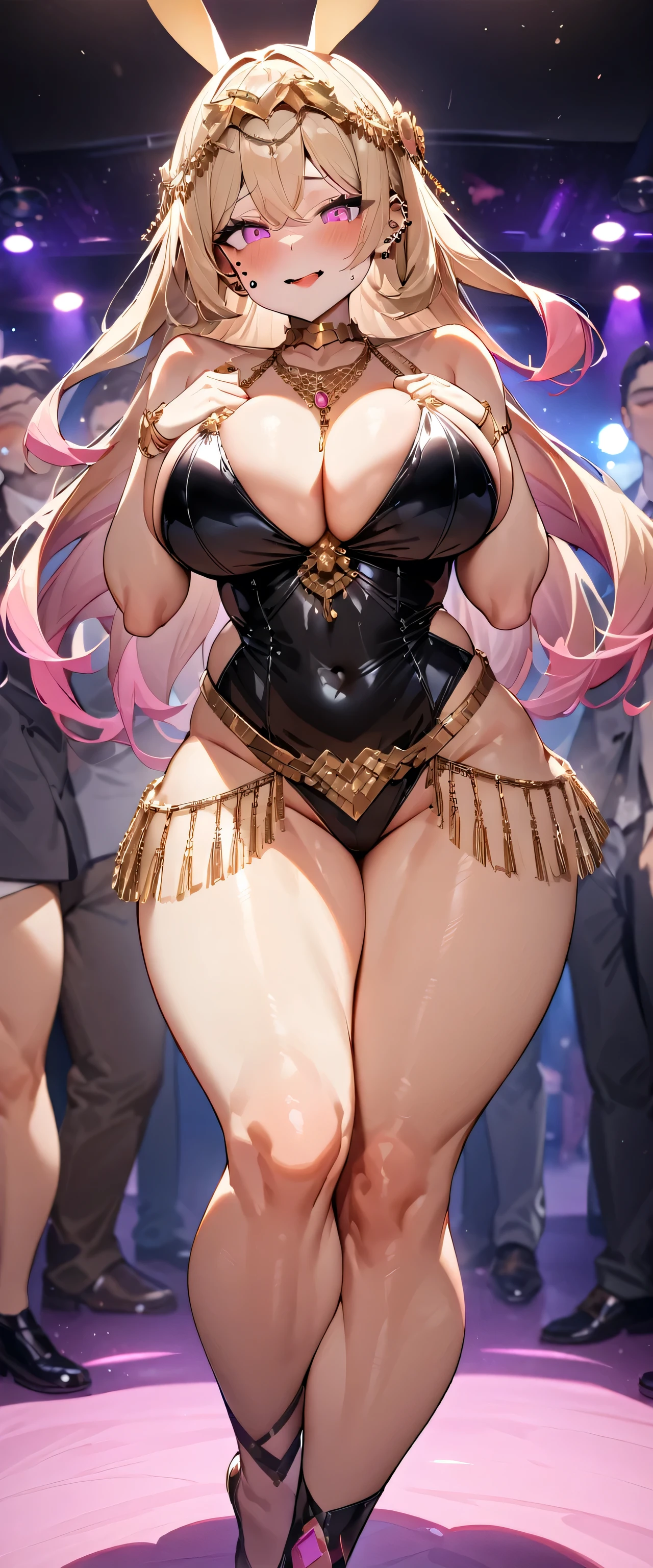 Being fondled by a group of black people,1 girl,Super delicate skin,Radiant Skin,Moist oily skin, devil smile,Huge Chest,Chest,Show your thighs,Vibrant colors,masterpiece,best quality,Extremely detailed,high resolution,Nightclub,Look at the audience,,((masterpiece、best quality、Very detailed)、((A girl))、blond,Dark skinned hottie,Tattoo,Gold ring belt,Pink Dancer,Wearing a gold necklace on her head,Reverse Bunny Girl,Cover your mouth with gauze、Pink Eyes、((There are many piercings))、((Big Chest))、Cowboy shooting、Shot from below、Purple light strip,((best quality)), ((masterpiece)), (detailed), (character focus、Chest Focus,whole body), Thick Legs,Long hair,curls,Thick thighs,Huge breasts,Half Chest Exposed,Fascinating three-dimensional,Fascinating three-dimensional,Fascinating three-dimensional,Whole body soaked,Shortness of breath,Bright Pink
