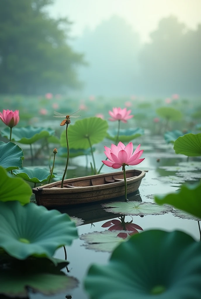 A lotus pond in summer，荷花有粉色of，白色of，of，There are some flower buds，There is a dragonfly on it，There is a small wooden boat in the middle of the lotus pond.，There are oars on both sides of the boat，Pond foggy，Like a fairyland。High-resolution photos，Canon EOS R6