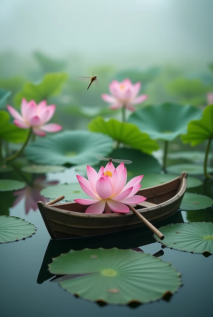 A lotus pond in summer,荷花有粉色of,白色of,of,There are some flower buds,There is a dragonfly on it,There is a small wooden boat in the middle of the lotus pond.,There are oars on both sides of the boat,Pond foggy,Like a fairyland。High-resolution photos,Canon EOS R6