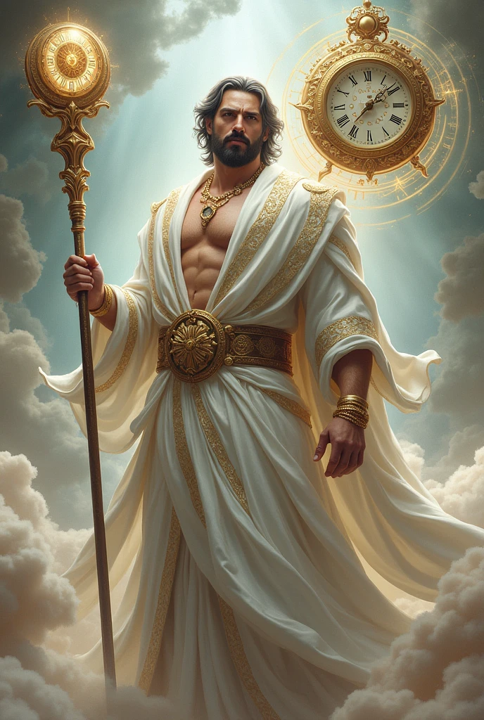 Masculine playful personification of time, White tunic, golden ornaments, staff with clock
