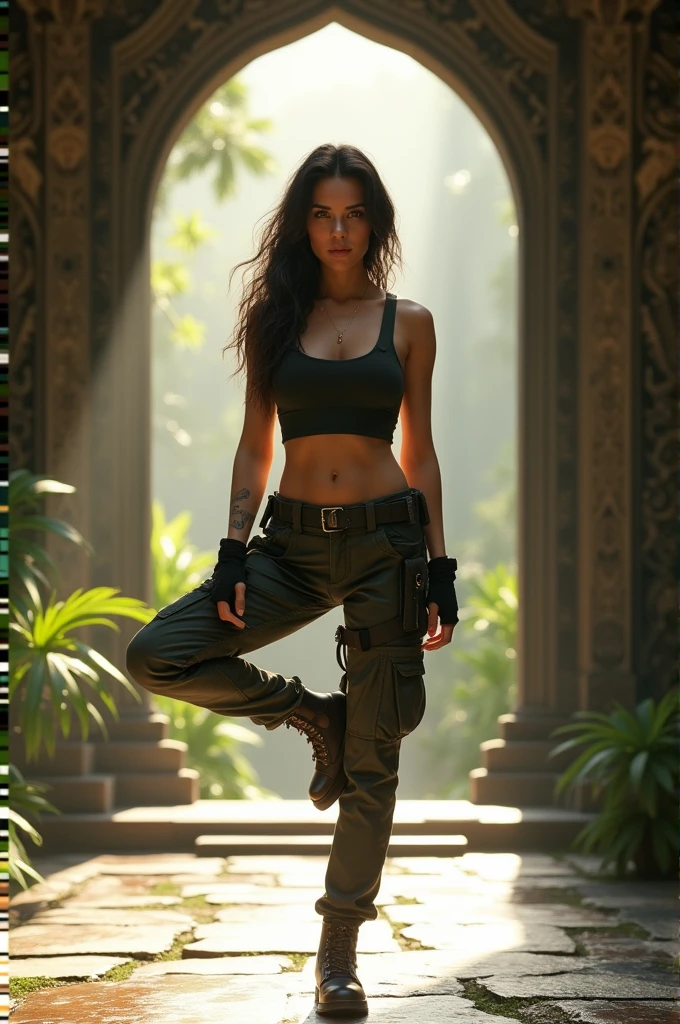 Create a young woman inspired from lady lara croft at tomb rider movie.fully war equipment.Create a young woman inspired from lady lara croft at tomb rider movie. She is doing yoga tantra at balinese temple
