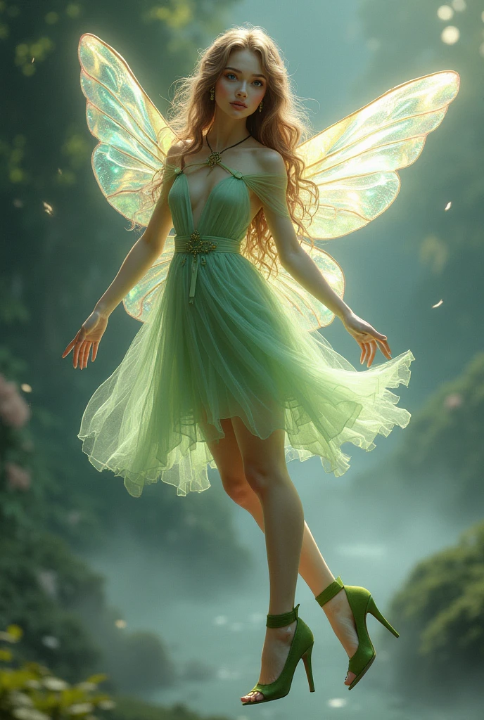 Girl with long, very light brown hair, violet eyes, slightly pointed ears, long fingernails. white skin wearing a green dress made of light, almost transparent fabrics, green heels with straps that go up the legs and transparent white fairy wings with transparent rainbow details