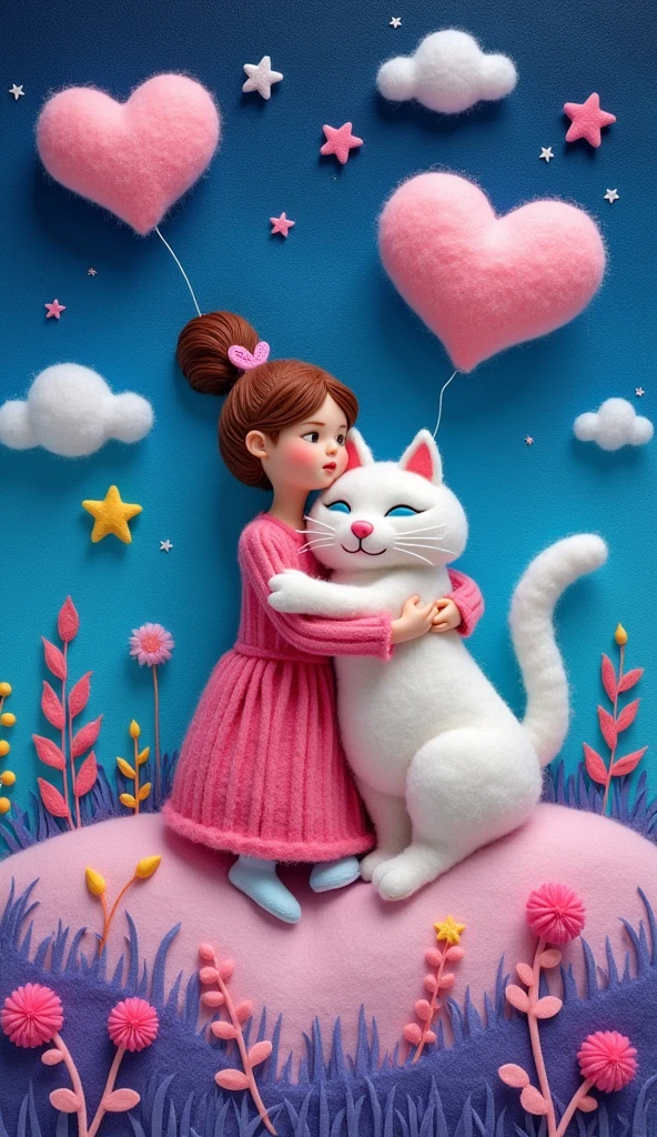 Our Felt Style,surreal space,abstract,A girl weaving with a cat is hugging each other,Fluffy love heart,fluffy clouds,star,grass,flowers,In my dream、A vivid and fun way to set the stage,blue, Purple and pink tones,bright,Art