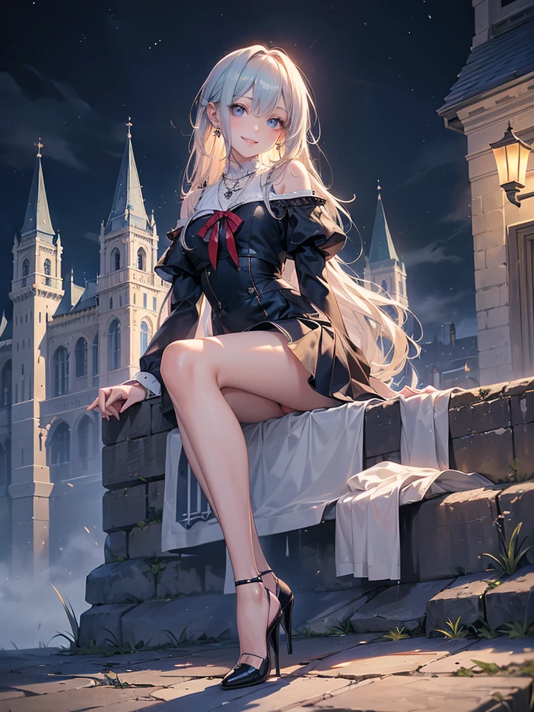 ((Biologically correct limb count)),(( From head to toe,Full-body photo including face)),4K,masterpiece,((Focus on the face)),((Symmetrical facial features)),Eyes with detailed description,Beautiful woman,Great style,Beautiful arms,Beautiful legs,Beautiful Hands,(Small Ass,Thin thighs),Detailed depiction of the face,Small earrings,necklace,(Will school uniform,dress((High heels))),((Outdoors at night, early morning)),(((blue blonde))),Realistic photo,Looking up,smile,((Sitting upright in front of a Western castle,Panty shot)),Nobody is here,(Thick Fog)