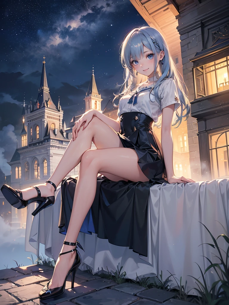 ((Biologically correct limb count)),(( From head to toe,Full-body photo including face)),4K,masterpiece,((Focus on the face)),((Symmetrical facial features)),Eyes with detailed description,Beautiful woman,Great style,Beautiful arms,Beautiful legs,Beautiful Hands,(Small Ass,Thin thighs),Detailed depiction of the face,Small earrings,necklace,(Will school uniform,dress((High heels))),((Outdoors at night, early morning)),(((blue blonde))),Realistic photo,Looking up,smile,((Sitting upright in front of a Western castle,Panty shot)),Nobody is here,(Thick Fog)