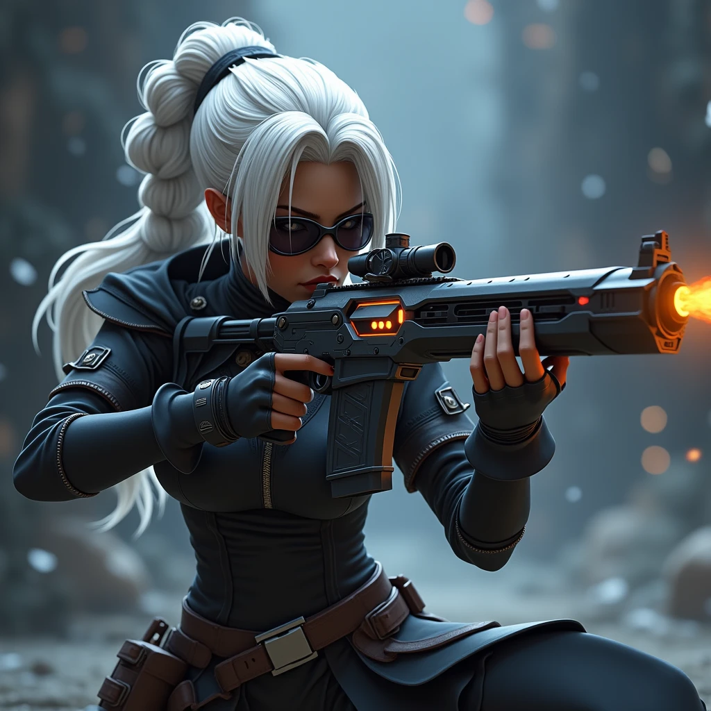 Final fantasy 14, Miqo'te, dark skinned woman, white hair, braided ponytail, shades, holding fantasy rifle, shooting stance, aiming,