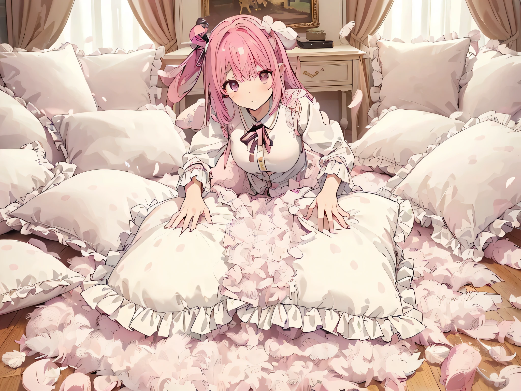 (best quality， masterpiece) , details, (Light and shadow oxtail) , Cute girl posing on pillow ，Pillow, Upholstered，Soft pillow，（Pillow），The love surrounding the protagonist，steam，(Luxury Pillow），（Gorgeous pattern pillow），luxurious pillow, standing,（Love around the protagonist），（pillow）, long hair, frilled pillow , ((pink pillow))  , 1 pillow, standing on a top of pillow, on pillow, big pillow, fluffy pillow, pillow damage, stomping pillow, stonping, pillow on floor, stepping on pillow, posing on top pillow, full body, pillow on floor, (((pink hair))), hatsune (princess connect), (((feathers))), pillow destroy, ripping pillow, tearing pillow in half, feathers everywhere, feather stuffing pillow