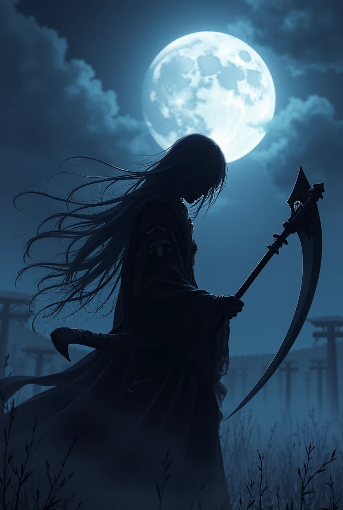 Shinigami using a shadow scythe under the moonlight