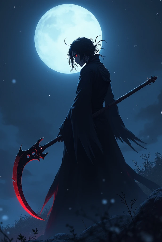 Shinigami using a shadow scythe under the moonlight 