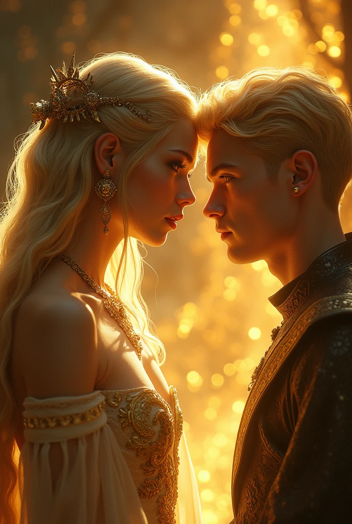 Queen Marika from Elden Ring her eyes shining in a pure gold As he watches a young man with golden hair and golden eyesAs he watches a young man with golden hair and golden eyes