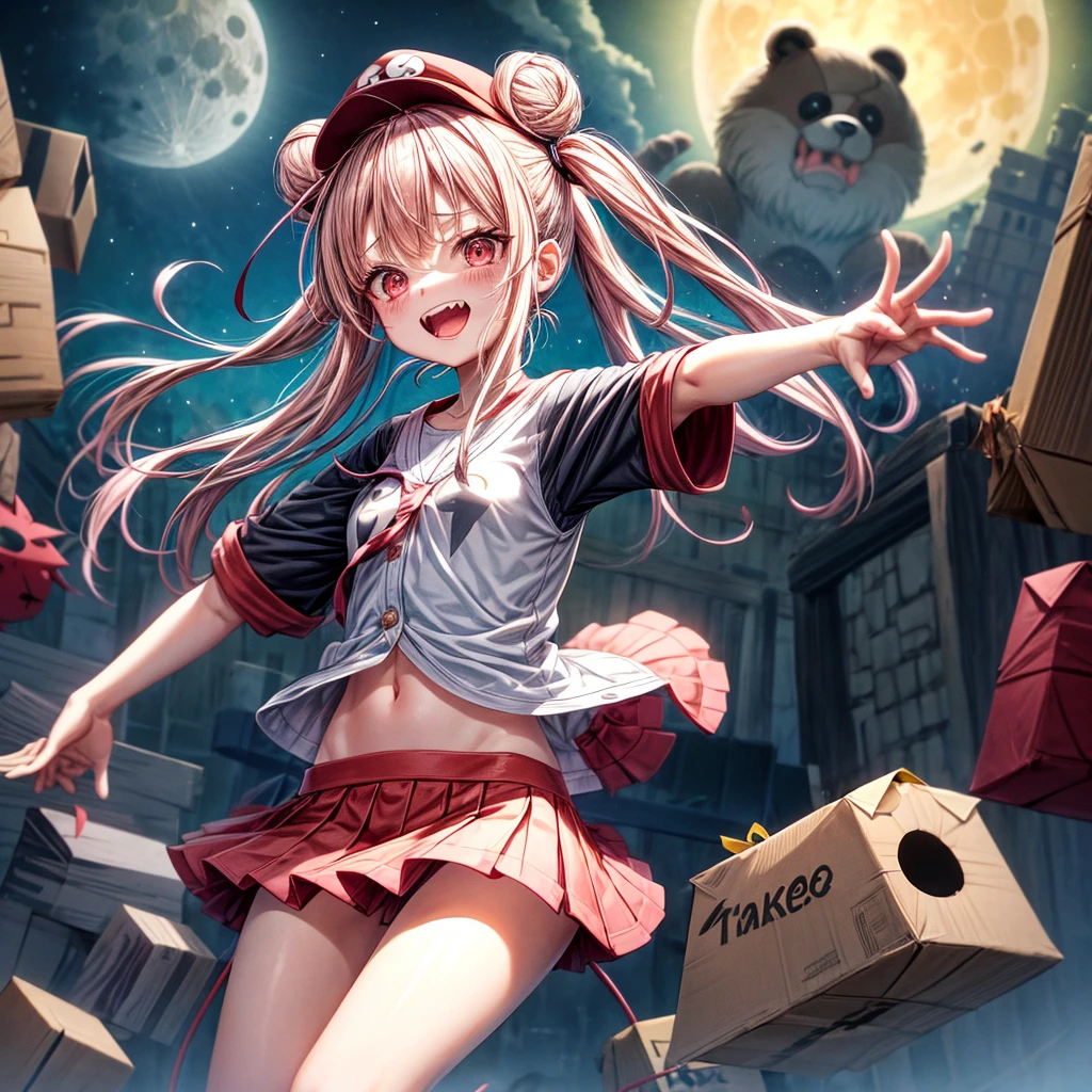 Pink Blonde、Red eyes、Hair tied up、One cute girl、solo、Checked mini skirt、black t-shirts、one piece、cardigan、Knee-high socks、bear ears baseball cap、Burning Full Moon、The tree is dead、Electric spectaculars、Cardboard boxes are piled up、Teeth are visible、Monster Castle、Tilting face、Starry Sky、A teddy bear is jumping