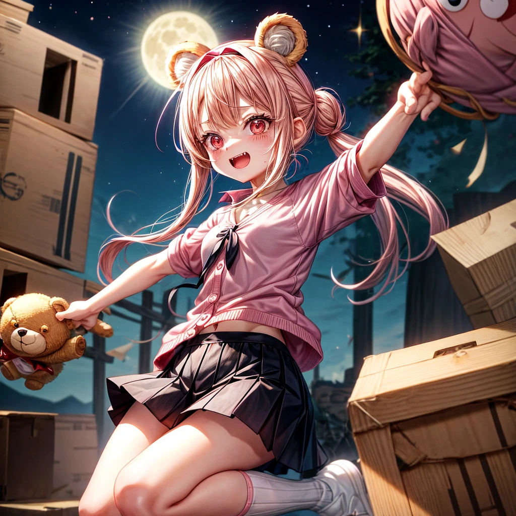 Pink Blonde、Red eyes、Hair tied up、One cute girl、solo、Checked mini skirt、black t-shirts、one piece、cardigan、Knee-high socks、bear ears baseball cap、Burning Full Moon、The tree is dead、Electric spectaculars、Cardboard boxes are piled up、Teeth are visible、Monster Castle、Tilting face、Starry Sky、A teddy bear is jumping
