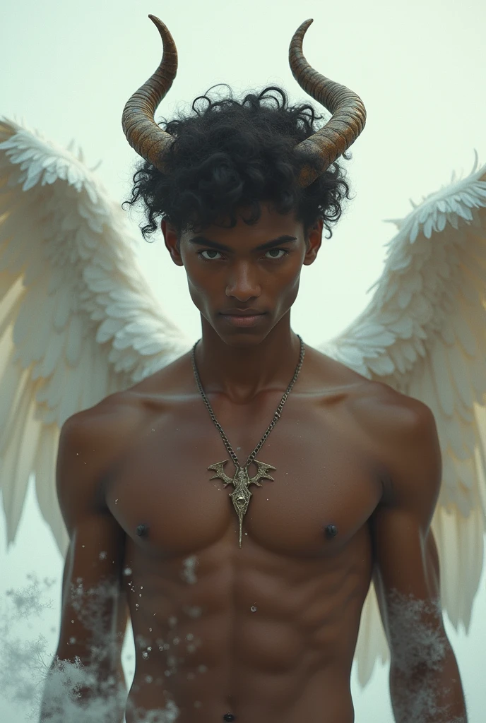 A cute dark-skinned young man turned into an angel and a demon who is death With a faded white background