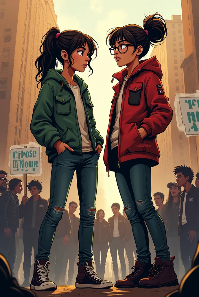 make a cover (photo) story for “Oppose Mour” make it illustrate and the main character is two girls : one is tomboyish and has shaggy haircut and the other one is bookworm with glasses