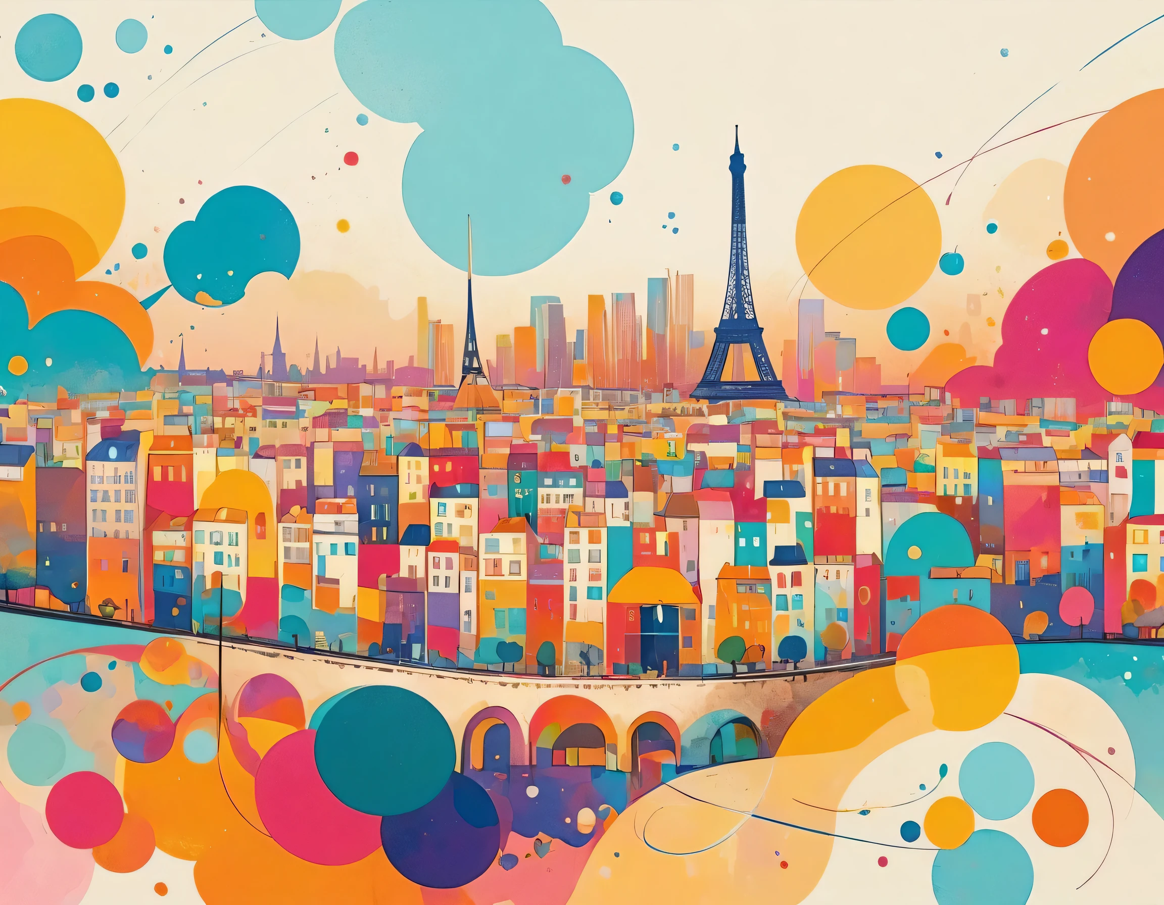 Micho colorful style, Simple Line Initialism,Abstract art,(((Paris cityscape))), (((No people)))