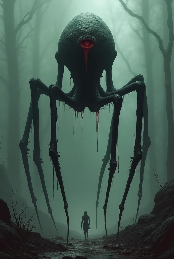 Make a black creature with blood-bleeding eyes with a tall, thin body walking on 4 legs