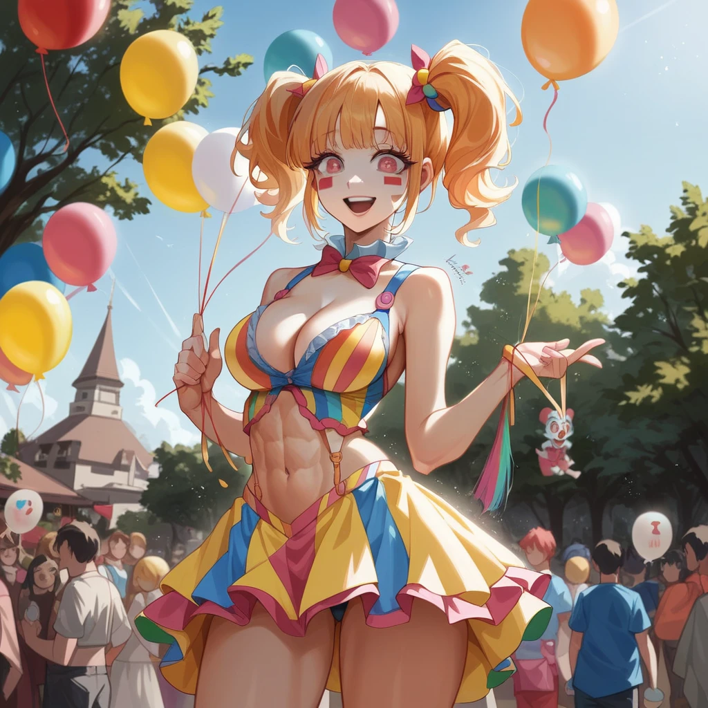 Model : LastpieceCoreXL
design art, cinematic lighting, artistic picture,Ueno Park, 1 girl, full body, smiling beautiful girl holding 100 balloons, (blond hair, twin tails) (huge breasts: 1.3, cleavage), cut abs, exposed, colorful Clown outfit, super detailed face, detailed eyes, double eyelids, eye catch, long eyelashes, front angle, fill light is reflected light from reflex plate, 85 mm, background blur.