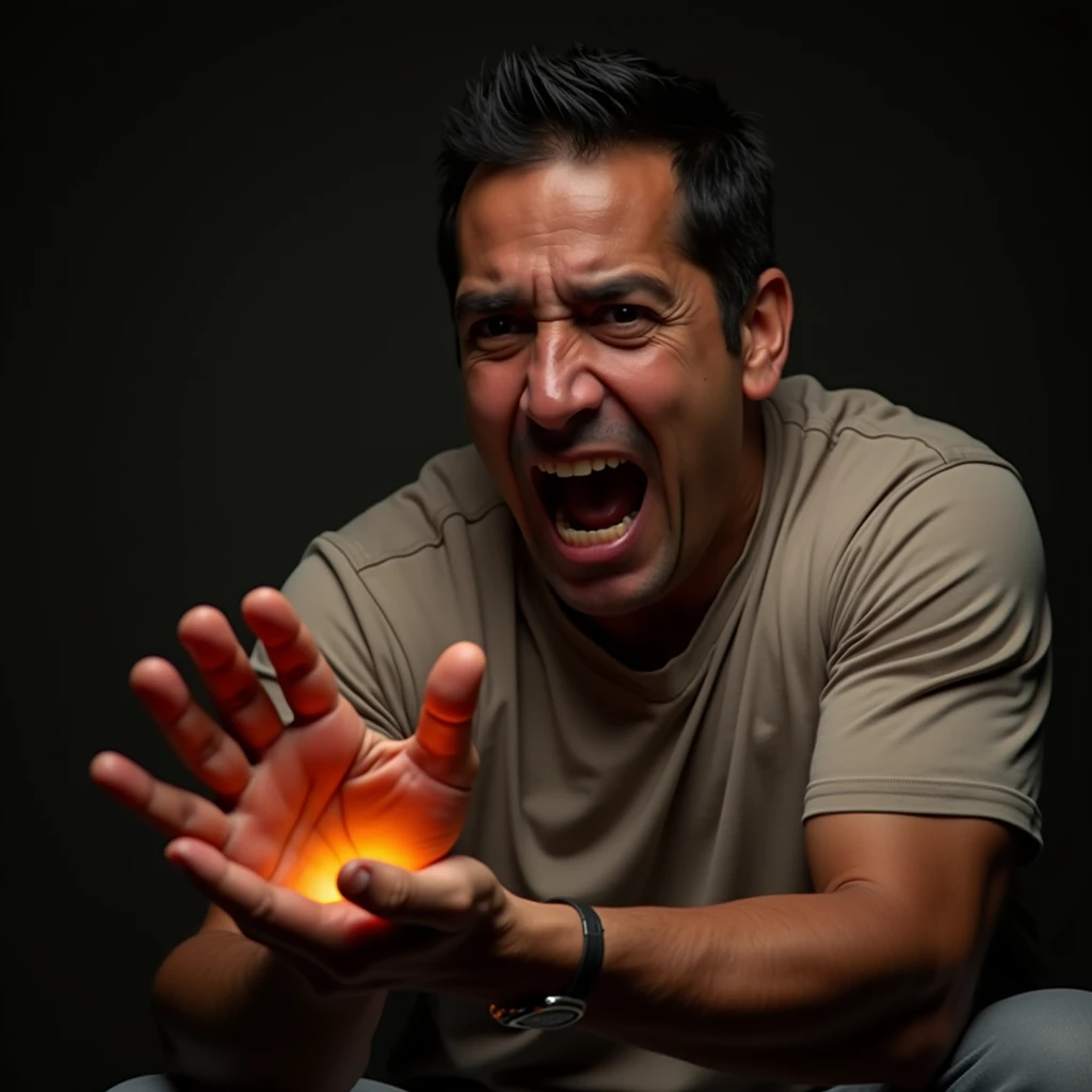 realistic photograph of a Latino man looking at his hand with a terrified expression, watching as the hand quickly turns to metal.