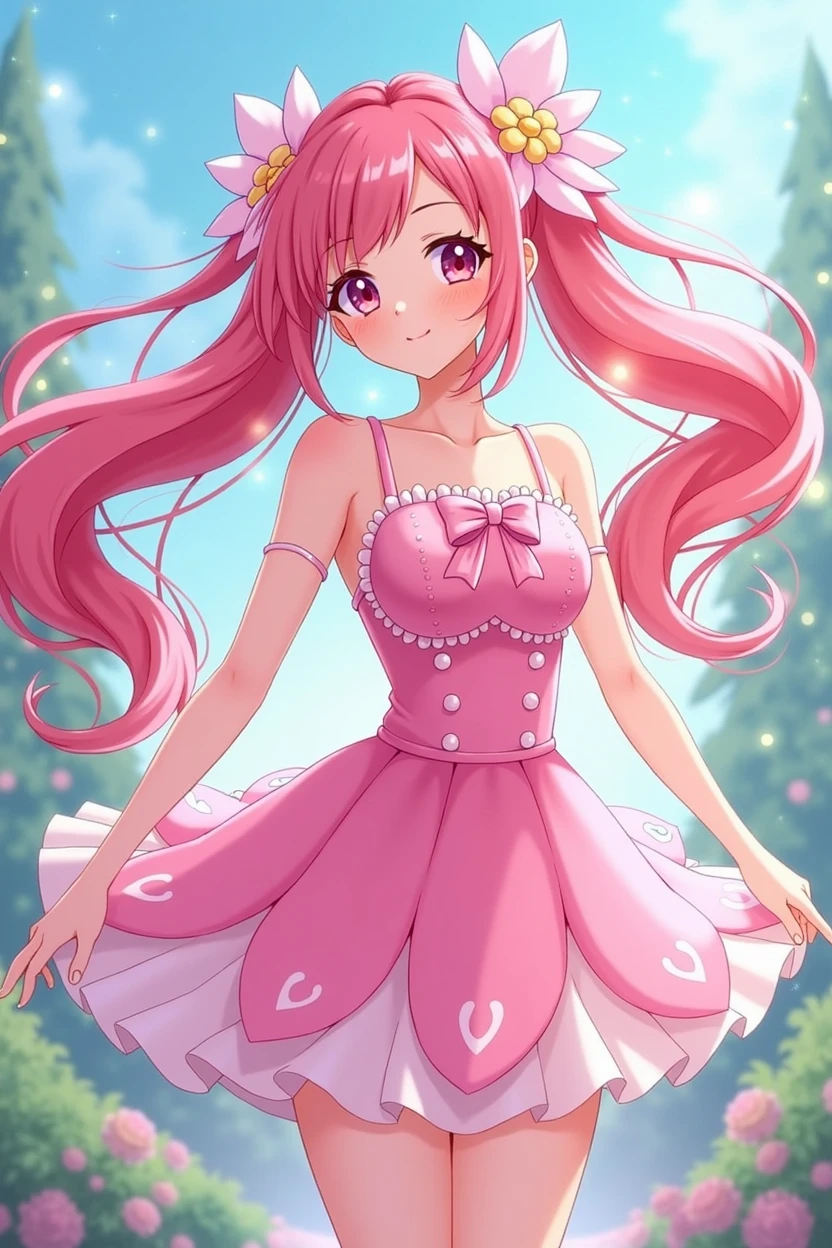 Pretty Cure Wearing a pink dress Ribbon on chest Hair is twin tails