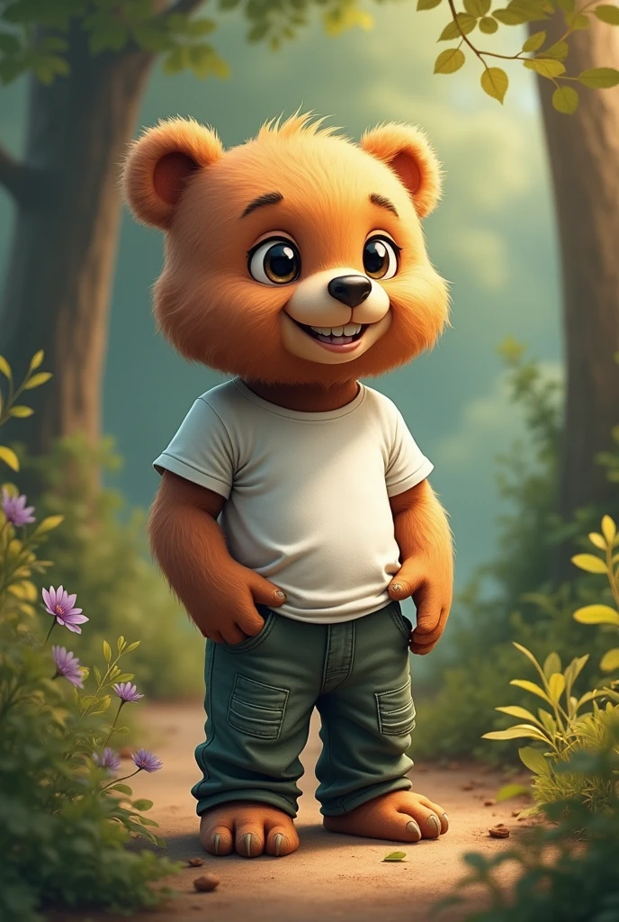  cute bear Jo white tshirt or pant pahana ho uski akhon mai Garv aur Himmat ki chamak hai baground Jungle 