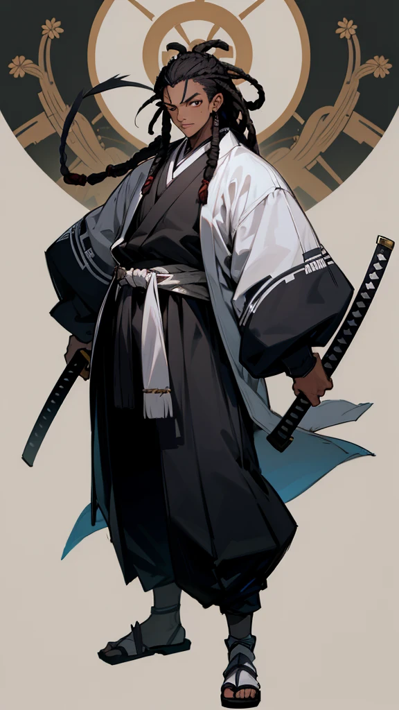 A black skin dude,with 2 katanas on the waist,large japanese clothes,dreadlocks,with headphones,full body