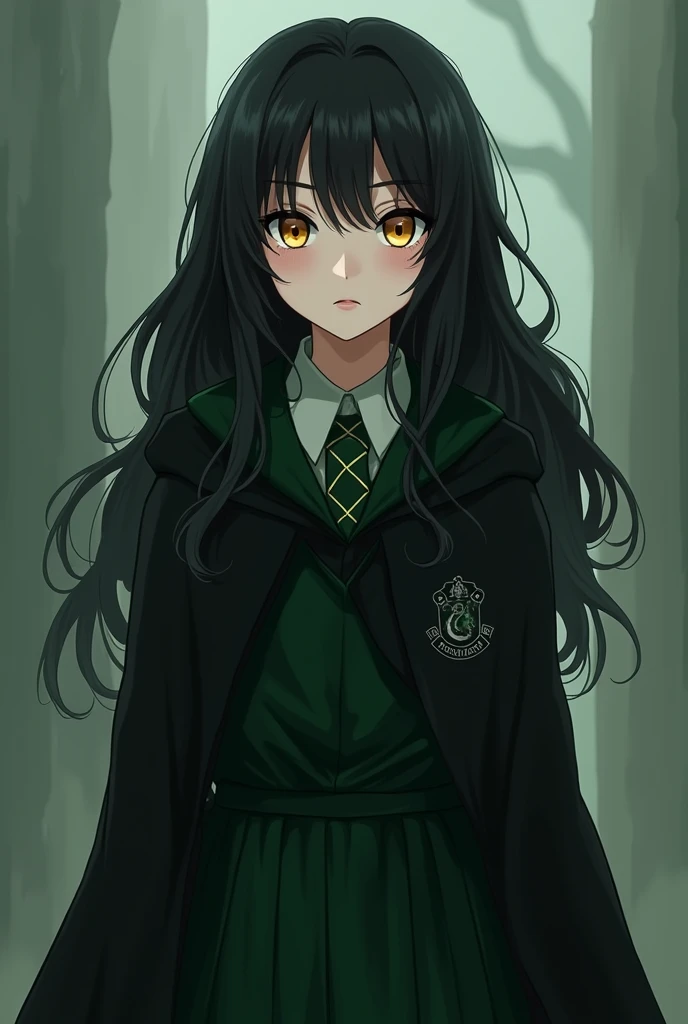 a girl about 18 years old, a beautiful girl with a cold beauty with long, loose black hair bouncy hair, a few strands of hair in the front of her face in a fluttering style, she has beautiful, captivating yellow eyes, she wear a and black cloak with green hem of Slytherin uniform ,Hogwarts, she looks quite thin she has white skin,it like anime