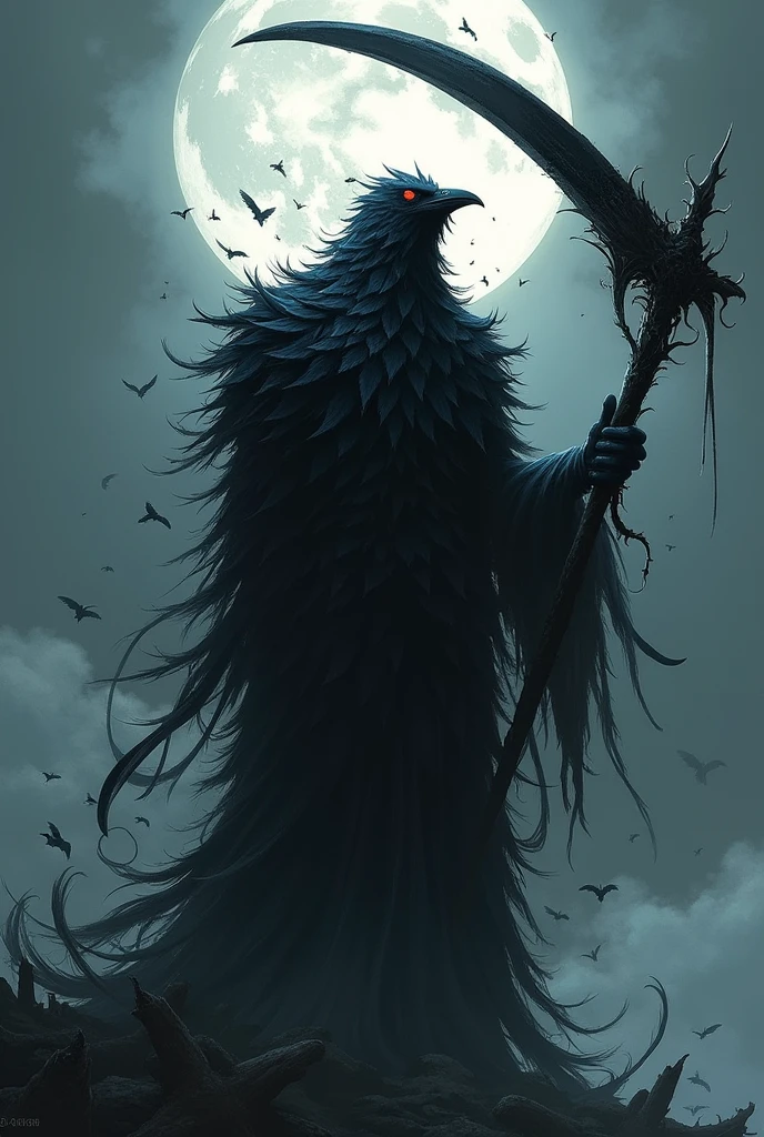 Shinigami as masses of crows holding a dark scythe, under the moonlight