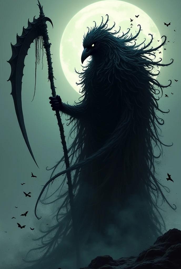 Shinigami as masses of crows holding a dark scythe, under the moonlight