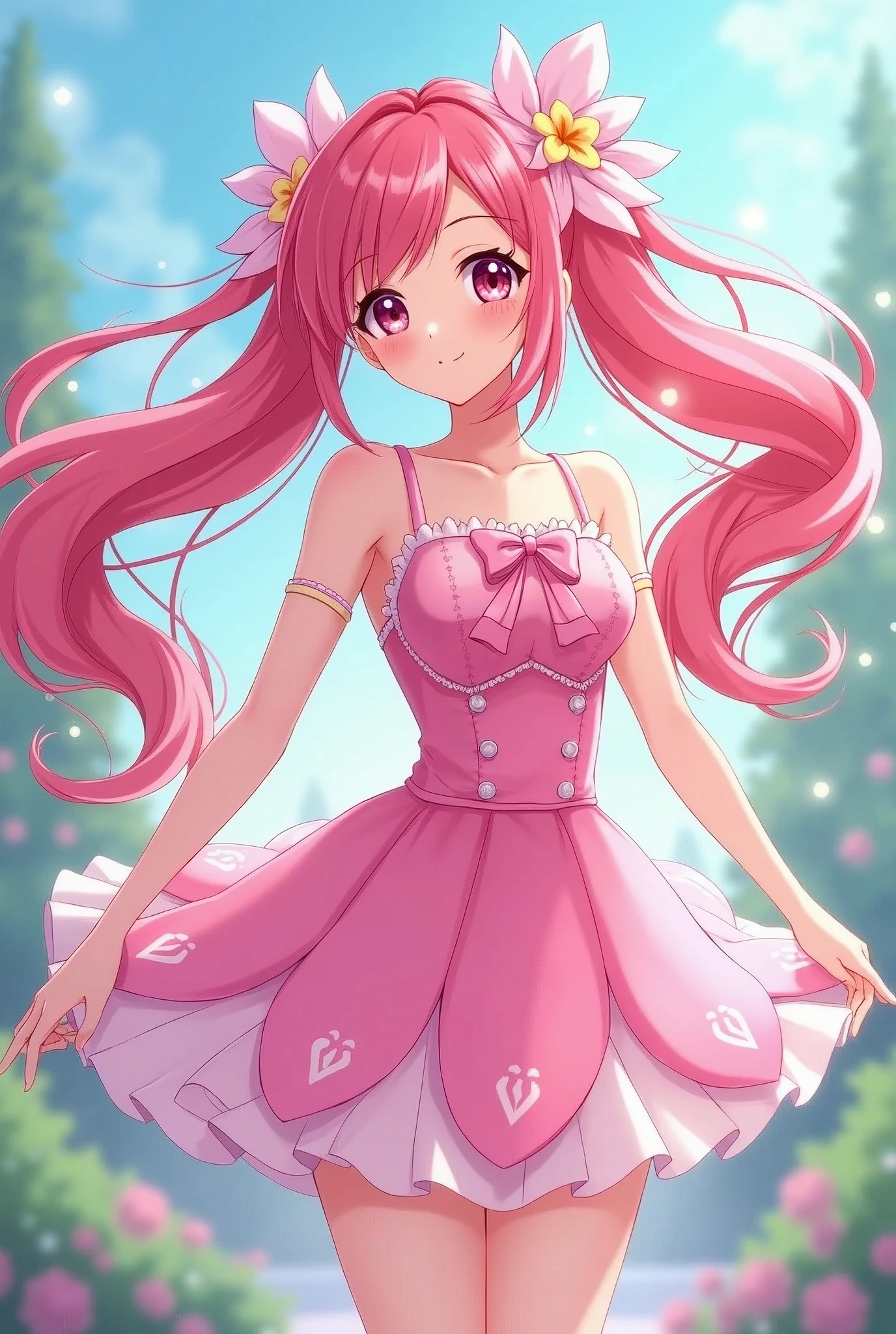Pretty Cure Wearing a pink dress Ribbon on chest Hair is twin tails