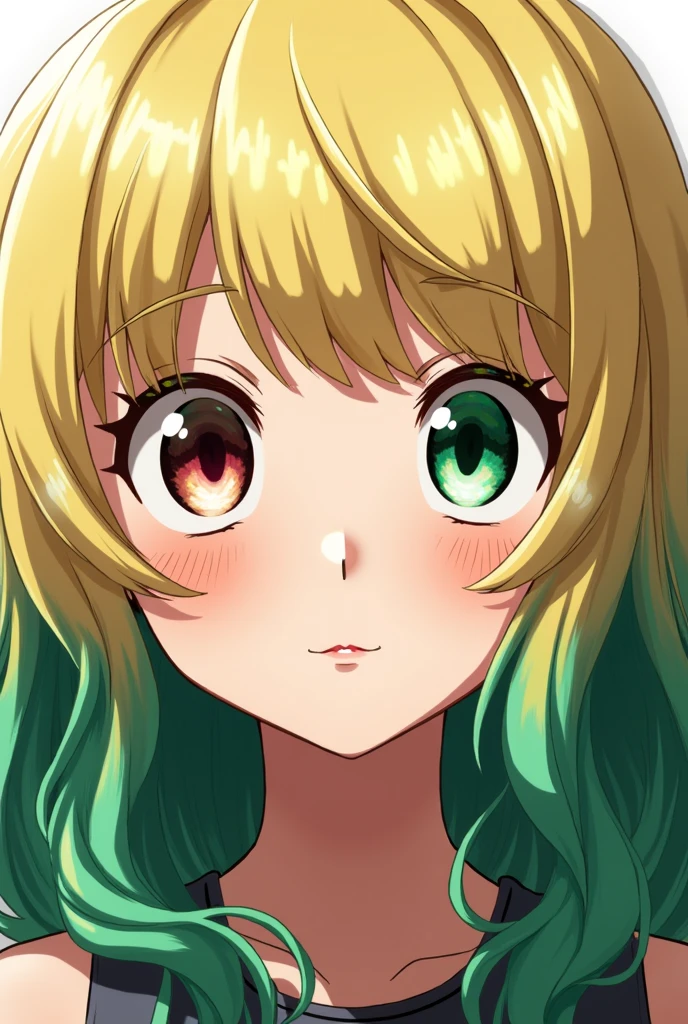 Bakudeku's daughter Blonde girl with green locks ,Deep green eyes with a reddish touch in certain lights