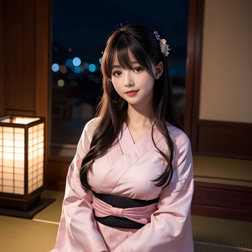 best quality, Delicate face,beautiful visual work, lifelike, eternity, black hair, Long curly hair, blunt bangs, Smile, Detailed Background, Delicate face,blush,cold,((masterpiece))、(top quality)、8k、high detail、Super detailed,41-year-old female,Wearing a yukata, Kneeling on the tatami, masterpiece、born、Scenes resembling fairy tale illustrations、intricate details和複雜的設計、Beautifully、magic、capricious、 Beautifully、Dream aesthetics、「𝓡𝓸𝓶𝓪𝓷𝓽𝓲𝓬、ethereal、charming、fickle、magic」、realism、Visual effects、FXAA、SSAO、Shader、voiceless、ambient lighting、Tone mapping、High resolution、Ultra high quality、Million pixels、(8K resolution:1.10)、8k、8k以下、8K resolution、high detail、intricate details, (high quality:1.2、masterpiece:1.2、:1.21)、(41-year-old female:1.21)、(興奮地Smile)、(Surrounded by a dreamy atmosphere、Model diagram,full-body shot,Normal 2 feet,Put your hands behind you,The protrusion of the breast is visible when wearing clothes, Large Breasts, H cup chest, pink clothes, Don't show your fingers, full-body shot, full-body shot,full-body shot,full-body shot,full-body shot,full-body shot,full-body shot,full-body shot,hands hidden in clothes, hands hidden in clothes,hands hidden in clothes,hands hidden in clothes,hands hidden in clothes,hands hidden in clothes,hands hidden in clothes,hands hidden in clothes,hands hidden in clothes, ,hands hidden in sleeves ,hands hidden in sleeves ,hands hidden in sleeves ,hands hidden in sleeves ,hands hidden in sleeves ,hands hidden in sleeves ,hands hidden in sleeves ,hands hidden in sleeves, arms behind back, arms behind back,indoor, Japanese style decoration, Japanese style architecture, Japanese-style room, 在Japanese-style room內, Pink and white yukata with flower pattern, Pink and white floral pattern yukata, Yukata with cherry blossom pattern on it
