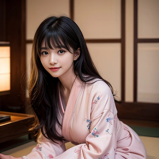 best quality, Delicate face,beautiful visual work, lifelike, eternity, black hair, Long curly hair, blunt bangs, Smile, Detailed Background, Delicate face,blush,cold,((masterpiece))、(top quality)、8k、high detail、Super detailed,41-year-old female,Wearing a yukata, Kneeling on the tatami, masterpiece、born、Scenes resembling fairy tale illustrations、intricate details和複雜的設計、Beautifully、magic、capricious、 Beautifully、Dream aesthetics、「𝓡𝓸𝓶𝓪𝓷𝓽𝓲𝓬、ethereal、charming、fickle、magic」、realism、Visual effects、FXAA、SSAO、Shader、voiceless、ambient lighting、Tone mapping、High resolution、Ultra high quality、Million pixels、(8K resolution:1.10)、8k、8k以下、8K resolution、high detail、intricate details, (high quality:1.2、masterpiece:1.2、:1.21)、(41-year-old female:1.21)、(興奮地Smile)、(Surrounded by a dreamy atmosphere、Model diagram,full-body shot,Normal 2 feet,Put your hands behind you,The protrusion of the breast is visible when wearing clothes, Large Breasts, H cup chest, pink clothes, Don't show your fingers, full-body shot, full-body shot,full-body shot,full-body shot,full-body shot,full-body shot,full-body shot,full-body shot,hands hidden in clothes, hands hidden in clothes,hands hidden in clothes,hands hidden in clothes,hands hidden in clothes,hands hidden in clothes,hands hidden in clothes,hands hidden in clothes,hands hidden in clothes, ,hands hidden in sleeves ,hands hidden in sleeves ,hands hidden in sleeves ,hands hidden in sleeves ,hands hidden in sleeves ,hands hidden in sleeves ,hands hidden in sleeves ,hands hidden in sleeves, arms behind back, arms behind back,indoor, Japanese style decoration, Japanese style architecture, Japanese-style room, 在Japanese-style room內, Pink and white yukata with flower pattern, Pink and white floral pattern yukata, Yukata with cherry blossom pattern on it