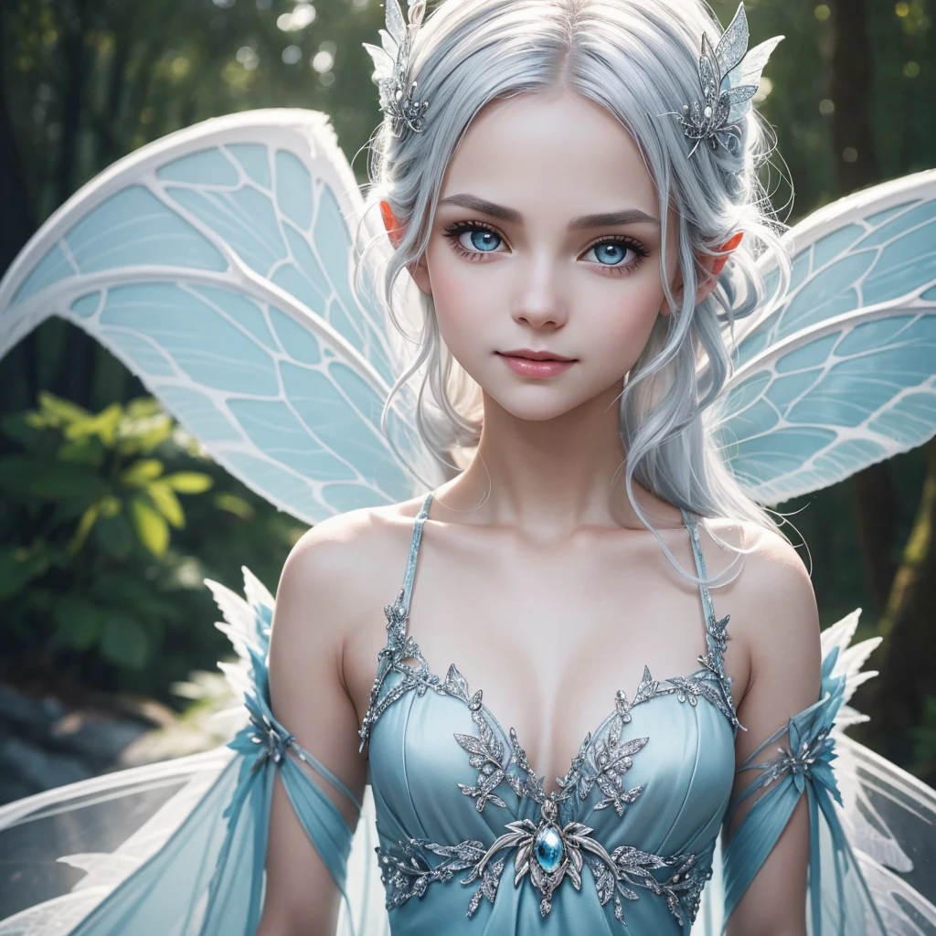 “Create an extreme close-up portrait of a Sylphid Fairy with a strong emphasis on the face. The fairy should have silver or white hair and eyes that convey a clear, airy look. The wings should be very small and subtly visible, ensuring they do not te the image. The background should be heavily blurred to keep the focus on the fairy's facial features. Capture a vibrant, playful expression with the face in sharp, prominent detail.”