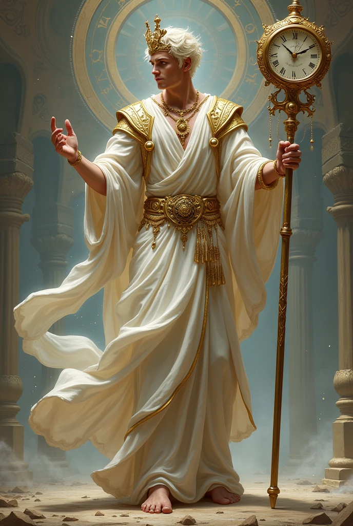 Masculine playful personification of time, White tunic, golden ornaments, staff with clock