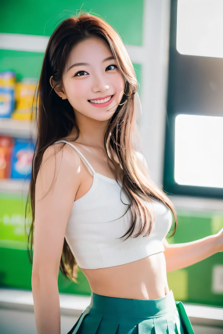 One girl, Happy, smile, (At the supermarket:1.2), ((school uniform:1.2)), RAW Photos, (photoRealistic:1.37, Realistic), Highly detailed CG integrated 8K wallpaper, View your viewers, (((Straight from the front))), (high qualityスキン:1.8, Glowing Skin), 8K Ultra HD, Digital SLR, Soft lighting, high quality, Film Grain, Fujifilm XT3, ((Upper Body:1.6)), (Professional Lighting:1.6)