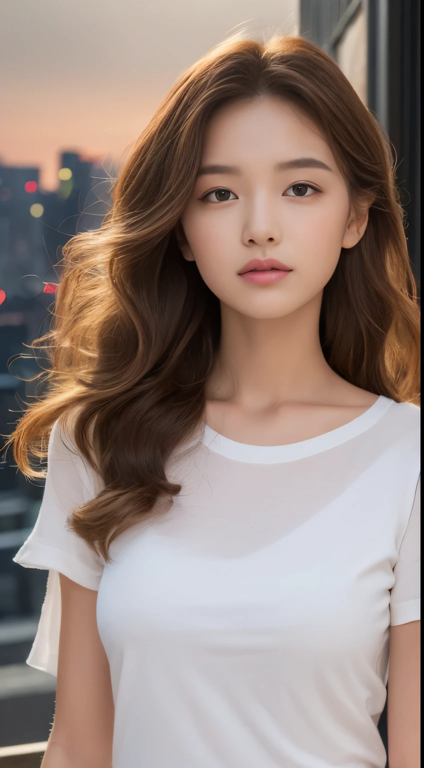 (Midnight, pain, 8k, masterpiece:1.3)), Whole Body Ezbian, Long legs, Four Colors:1.2, Beautiful woman with perfect figure:1.4, Slim Abs:1.1, ((Light brown hair, Minimal breast:1.2 )), (White tight T-shirt, Stand on your own two feet:1.2), ((City night view, here:1.3)), Highly detailed face and skin texture, Detailed eyes, double eyelid、Slime-ified、Slender、Model body type、small 、very small breasts、Gradient Hair、Light brown hair、shortcut、Curly Hair