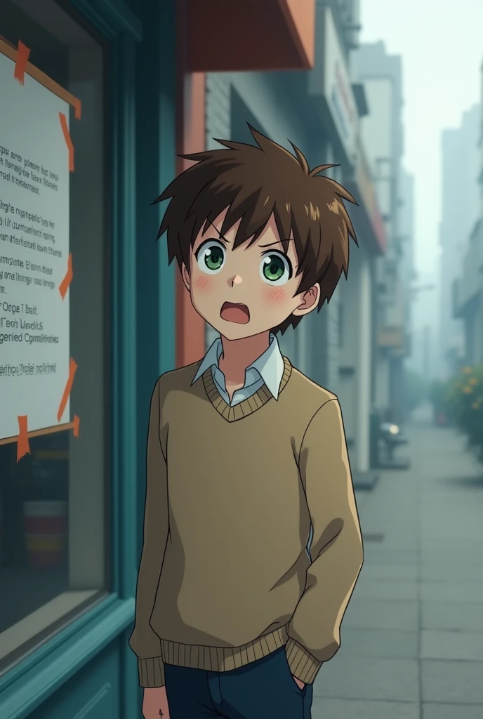 a anime adolescent Boy with brown hair and green eyes with a light brown sweater, a white shirt underneath and dark blue pants, with a frightened expression and a little scared as he looked at a sign taped to a shop window while standing on the sidewalk, the sky with fog and buildings behind