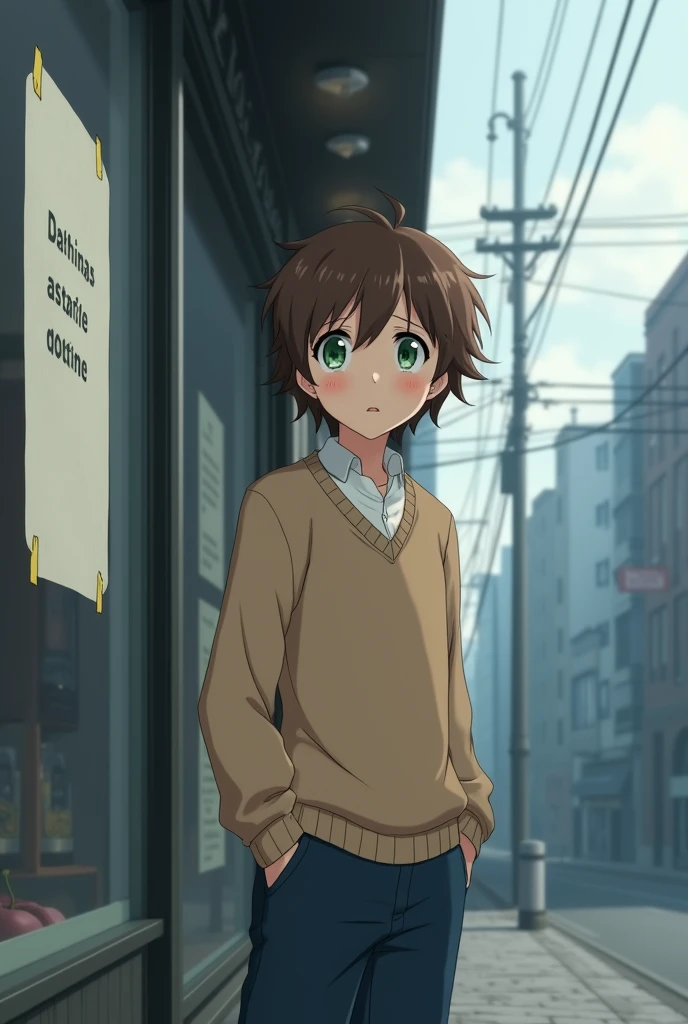 a anime adolescent Boy with brown hair and green eyes with a light brown sweater, a white shirt underneath and dark blue pants, with a frightened expression and a little scared as he looked at a sign taped to a shop window while standing on the sidewalk, the sky with fog and buildings behind
