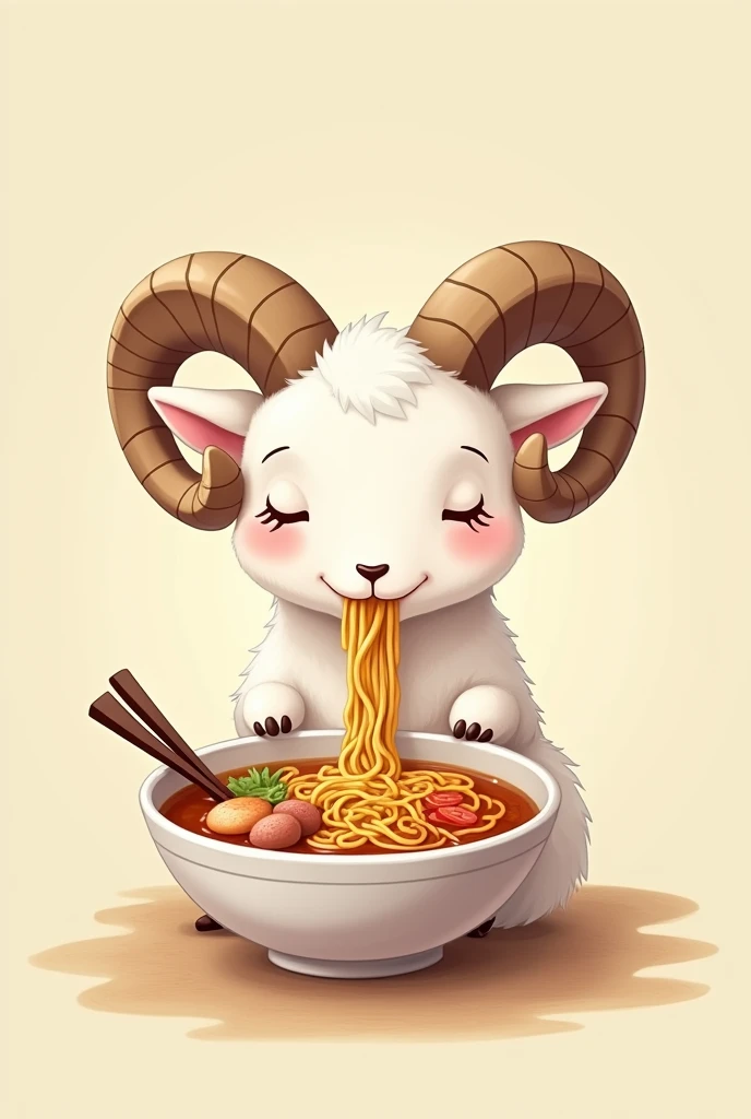 2D cartoon of a ram, slightly in profile, With horns, with eyes closed, eating ramen