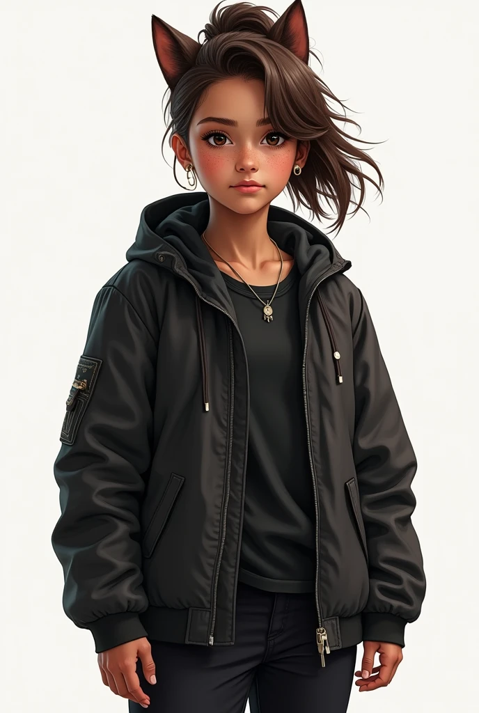 Create me a illustration of girl with a brown hair and wolf cut. She is 5.8 feet. She is half American and half indian. She wears a black jacket and black pant make her look like warrior  make it realstic make somewhat fat remove the wolf ear. Make hair like felix hair from the kpop