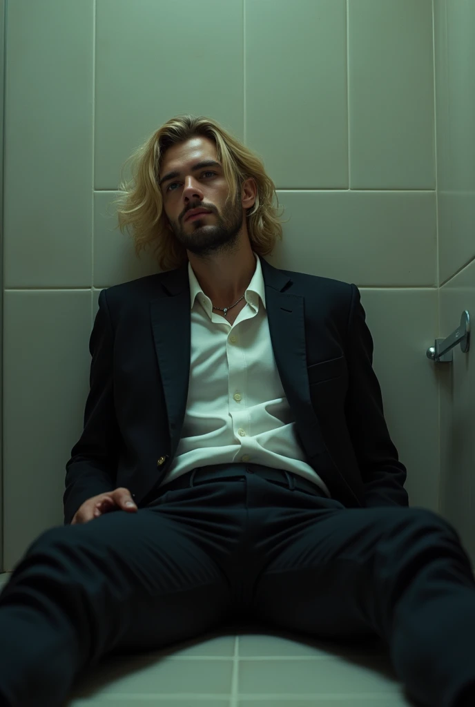 Bel Homme jeune 30 aine charismatique blond cheveux longs, légèrement barbu, en costard, mourrant assis nonchalant les jambes étendues sur le sol de la salle de bain le regard vide