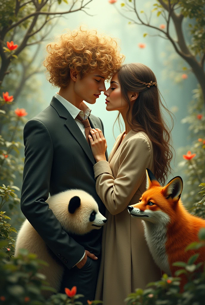 Curly blond man and panda , brunette woman with straight hair and fox


