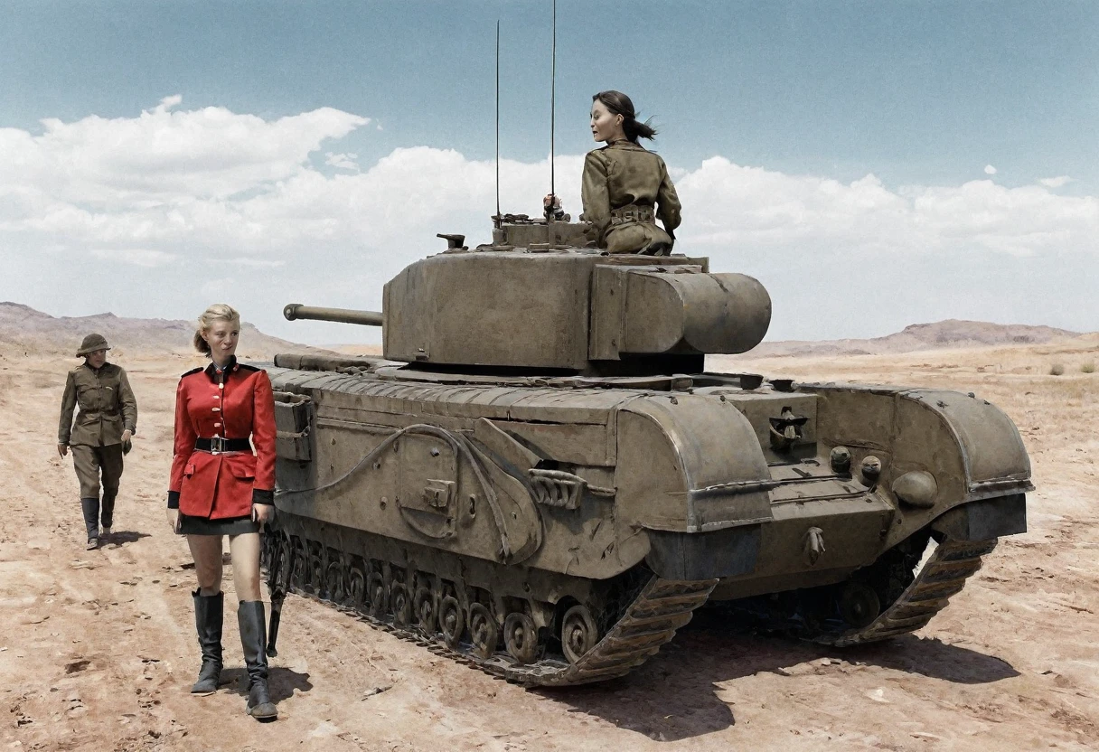 Churchill tank in the desert、(A realistic depiction of the Churchill tank)、A group of female cavalry soldiers accompanying the、 ( Beautiful female cavalry, Red jacket、Black mini skirt、Black boots)、Converting monochrome photos to pale color through digital color restoration、