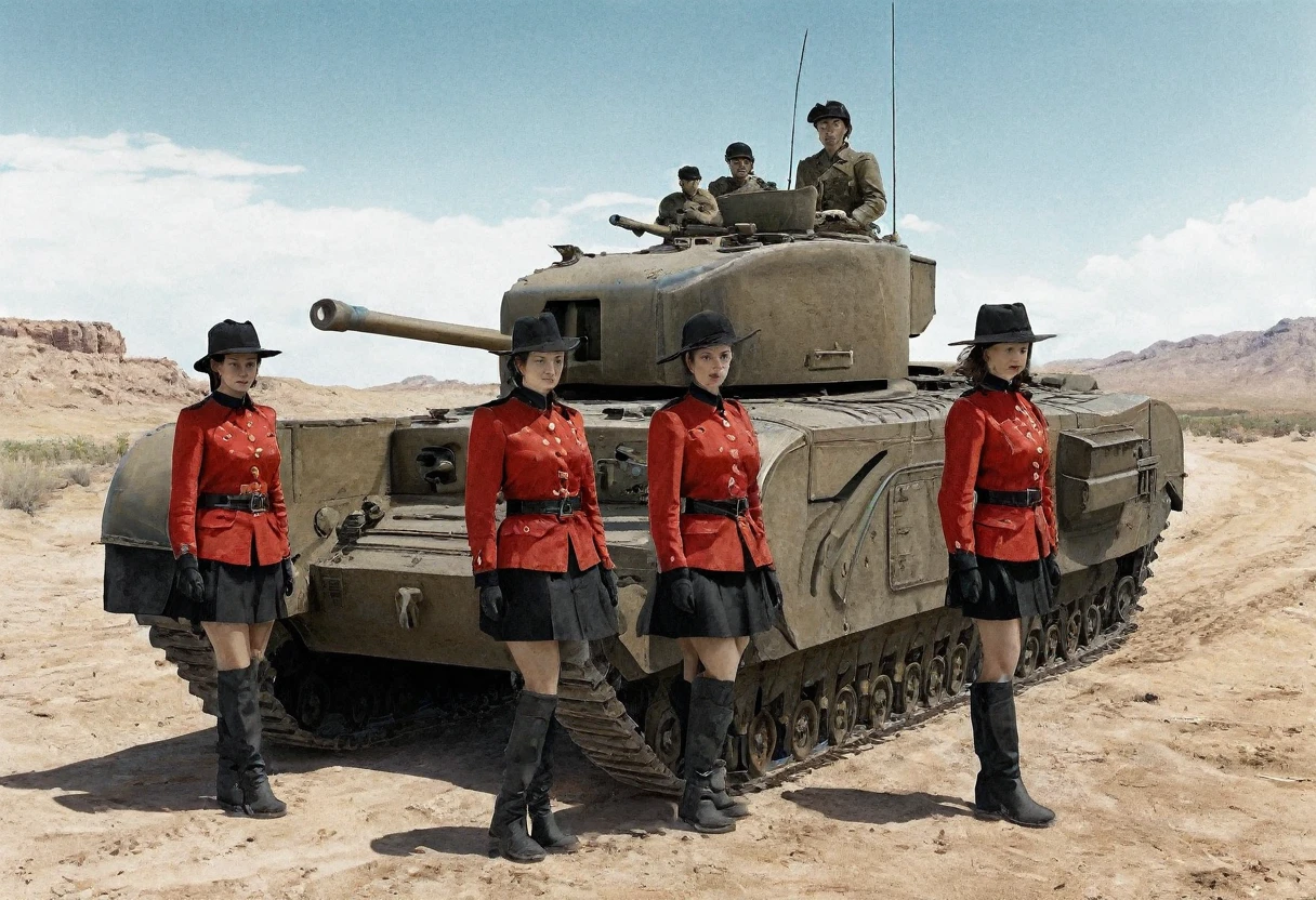 Churchill tank in the desert、(A realistic depiction of the Churchill tank)、A group of female cavalry soldiers accompanying the、 ( Beautiful female cavalry, Red jacket、Black mini skirt、Black boots)、Converting monochrome photos to pale color through digital color restoration、