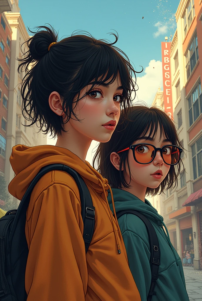 make a cover (photo) story for “Oppose Mour” make it illustrate and the main character is two girls : one is tomboyish and has shaggy haircut and the other one is bookworm with glasses