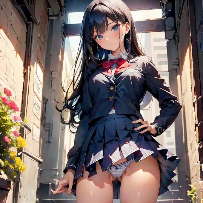 1girl, masterpiece, best quality, absurdres, black long hair,(shiny skin:1.1), (show off underwear:1.3), from below, close up nether region , white underwear, skirt,Stylish panties、Stylish uniforms,