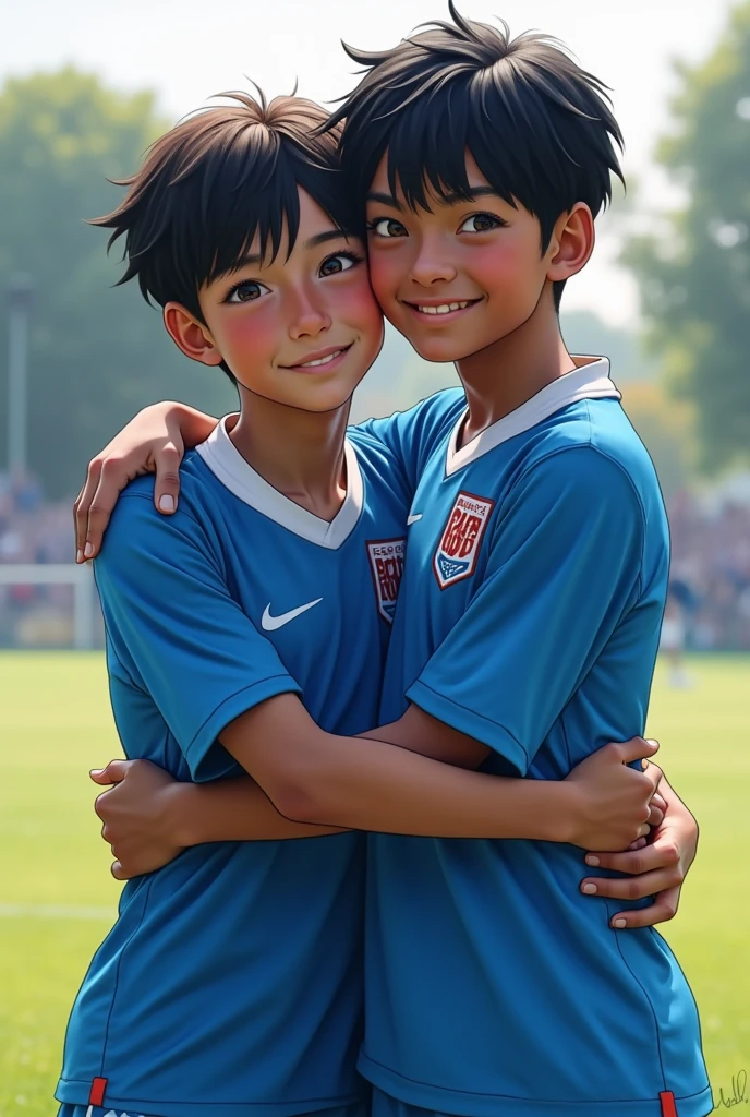 Soccer Boys。15 years old。Handsome。Sweaty。Dark skin。Blue uniform。Japanese。Photo style。Two people hugging each other