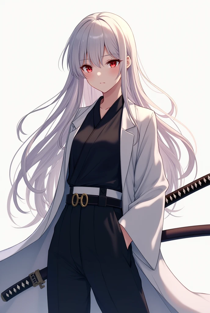 white long hair, red eyes, anime girl, black hakama pants, black shirt uniform, white modern belt, white long sleeve haori, katana on the hips.